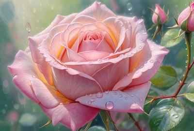 The primary subject of the image is a pink rose with drops of water on it. The rose is the focal point of the scene, and it is set against a backdrop of a garden. The visual style of the image is a painting, which adds a sense of artistic expression and beauty to the scene. The dominant colors in the image are pink and white, creating a soft and delicate atmosphere.