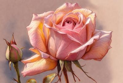 Primary subject: A single pink rose with a green stem.

Setting/background: The rose is placed on a table, and there is a brown surface in the background.

Visual style: The image is a painting, featuring a close-up of the rose.

Colors and mood: The rose is predominantly pink, and the painting has a warm and inviting atmosphere.