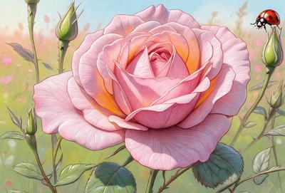 The primary subject of the image is a single pink rose, which is the main focus of the scene. The rose is situated in a grassy field, with a few leaves surrounding it. The visual style of the image is a painting, which gives it a more artistic and detailed appearance. The dominant colors in the image are pink and green, creating a warm and natural atmosphere.