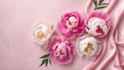 The primary subject of the image is a bouquet of pink flowers. The flowers are arranged in a visually appealing manner, with some of them placed on a pink surface. The setting appears to be a studio or a controlled environment, as the flowers are carefully positioned and the background is pink. The visual style of the image is a combination of photo and digital art, creating a realistic yet artistic representation of the flowers. The colors and mood of the image are predominantly pink, which gives the scene