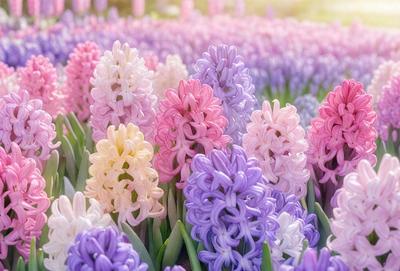The primary subject of the image is a field of colorful flowers, predominantly purple and pink. The flowers are arranged in a visually appealing manner, creating a vibrant and lively atmosphere. The setting is a garden, with the flowers blooming in a sunny, open space. The visual style of the image is a close-up of the flowers, showcasing their beauty and details. The colors and mood of the image are predominantly warm and inviting, with the purple and p
