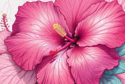 The primary subject of the image is a large, pink flower with a yellow center. The flower is prominently displayed in the foreground, with its vibrant colors and intricate details. The setting is a pink background, which complements the flower's vivid hues. The visual style of the image is a combination of photo and digital art, creating a realistic yet artistic representation of the flower. The colors and mood of the image are predominantly pink and vibrant, evoking a