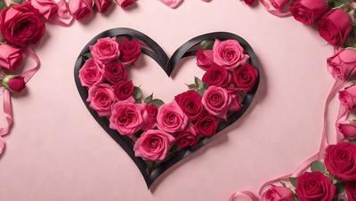 The primary subject of the image is a heart-shaped arrangement of pink roses. The heart is made of black material, and the roses are placed all around it, creating a visually appealing and romantic display. The setting is a pink background, which complements the color of the roses and adds to the overall mood of the image. The visual style is a combination of digital art and illustration, as the heart is a digital creation, while the roses are illustrated in a realistic manner. The