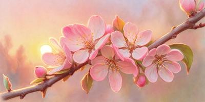The primary subject of the image is a branch with pink flowers on it. The setting is a sunny day, and the visual style is a painting or drawing. The colors and mood of the image are predominantly pink, creating a warm and inviting atmosphere.