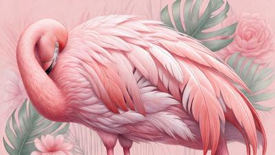 The primary subject of the image is a pink flamingo standing in a grassy area. The setting is a grassy field with a pink background, creating a vibrant and lively atmosphere. The visual style of the image is a painting, which adds a sense of artistic expression and creativity to the scene. The dominant colors in the painting are pink and white, which contribute to the overall mood of the image.