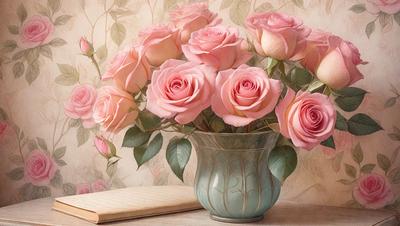 The primary subject of the image is a vase filled with pink roses. The vase is placed on a table, and there is a book nearby. The setting appears to be a cozy and intimate space, with the roses adding a touch of elegance and warmth to the environment. The visual style of the image is a painting, which gives it a more artistic and detailed appearance. The dominant colors in the painting are pink and white, creating a soft and calming atmosphere.