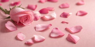 The primary subject of the image is a pink rose. The rose is placed on a pink surface, which could be a table or a wall. The visual style of the image is a close-up of the rose, showcasing its delicate petals and details. The colors in the image are predominantly pink, which gives the scene a warm and romantic atmosphere.