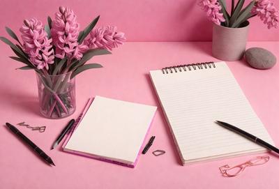 The primary subject of the image is a notebook with a pen on a pink table. The setting is a desk with a pink background. The visual style is a photo of a notebook and pen on a desk. The colors and mood are predominantly pink, creating a warm and inviting atmosphere.