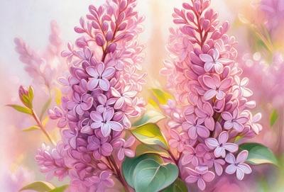 The primary subject of the image is a bouquet of purple flowers, with two prominent flowers in the foreground. The setting is a bright, sunny day, and the visual style is a painting or illustration. The colors in the image are predominantly purple, creating a calm and serene atmosphere.