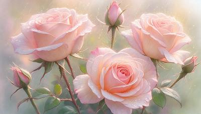 The primary subject of the image is a group of pink roses. They are the main focus of the image, and they are displayed in a beautiful and vibrant manner. The setting is a garden, with the roses growing on a bush. The visual style of the image is a painting, which adds a sense of artistic expression and beauty to the scene. The colors and mood of the image are predominantly pink, which creates a warm and inviting atmosphere.