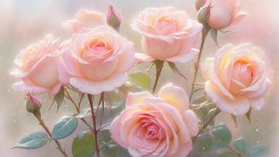 The primary subject of the image is a bouquet of pink roses. The setting is a garden, with the roses growing on a branch. The visual style is a photo, capturing the beauty of the roses in their natural environment. The dominant colors are pink, which gives the image a soft and delicate atmosphere.
