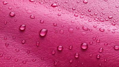 The primary subject of the image is a pink surface, possibly a piece of leather, with water droplets on it. The setting appears to be an indoor environment, possibly a room with a damp surface. The visual style of the image is a close-up of the pink surface with water droplets, creating a moist and slightly shiny appearance. The colors and mood of the image are predominantly pink, with the water droplets adding a touch of blue and a sense of freshness