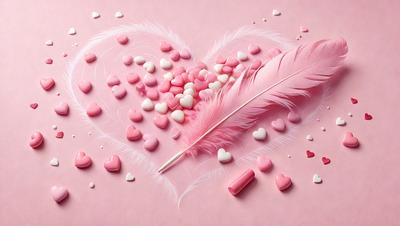 The primary subject of the image is a heart-shaped arrangement of pink and white hearts, which are scattered across a pink background. The hearts are placed in various positions, creating a visually appealing and playful scene. The setting is a pink surface, which adds to the overall mood and atmosphere of the image. The visual style of the image is a combination of digital art and illustration, as it showcases a creative and artistic representation of the heart-shaped arrangement.