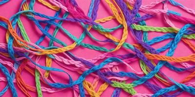 The primary subject of the image is a close-up of a colorful, multi-colored rope or yarn. The rope is woven and has a variety of colors, creating a visually appealing and vibrant pattern. The setting is a pink background, which provides a contrasting and complementary color to the rope. The visual style of the image is a close-up, focusing on the details of the rope and its colors. The overall atmosphere of the image is lively and cheerful