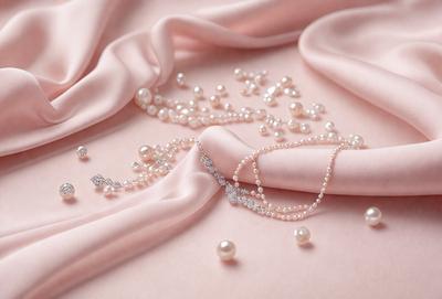 The primary subject of the image is a pink fabric with a variety of pearls and beads scattered across it. The setting is a pink surface, which serves as the background for the scene. The visual style of the image is a close-up of the pink fabric, showcasing the details of the pearls and beads. The colors and mood of the image are predominantly pink, creating a warm and elegant atmosphere.