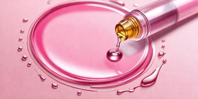 The primary subject of the image is a bottle of oil, which is being poured into a pink liquid. The setting is a pink surface, possibly a table or a counter. The visual style is a close-up of the oil being poured, with a focus on the action and the colors. The dominant colors are pink and yellow, creating a warm and inviting atmosphere.