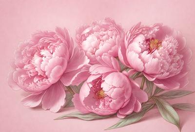 The primary subject of the image is a bouquet of pink flowers. The flowers are arranged in a vase, creating a beautiful and elegant display. The setting is a pink background, which complements the color of the flowers. The visual style of the image is a painting, which adds a sense of artistic expression and detail to the scene. The dominant colors in the image are pink, which is the color of the flowers, and the pink background, creating a warm and inviting atmosphere.