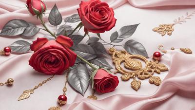 The primary subject of the image is a bouquet of red roses. The setting is a pink background, which adds a soft and romantic touch to the scene. The visual style is a close-up of the roses, showcasing their beauty and details. The colors and mood of the image are predominantly pink and romantic, with the red roses being the focal point.