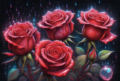The primary subject of the image is a group of red roses. They are the main focus of the image, and they are depicted in a vibrant red color. The setting is a dark, rainy night, with the roses being the only bright spot in the scene. The visual style of the image is a painting, which adds a sense of artistic expression and depth to the scene. The overall atmosphere of the image is moody and dramatic, with the rain and darkness creating a sense of mystery and beauty.