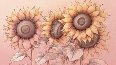 Primary subject: Three sunflowers with yellow petals and brown centers.

Setting/background: A pink background.

Visual style: Digital art.

Colors and mood: The sunflowers are predominantly yellow with brown centers, creating a warm and vibrant atmosphere.