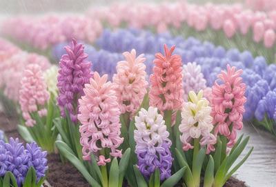 The primary subject of the image is a beautiful bouquet of colorful flowers, including pink, purple, and white tulips. The flowers are arranged in a vase, creating a visually appealing display. The setting is an outdoor garden, with a backdrop of a rainy day. The visual style of the image is a photo, capturing the vibrant colors and intricate details of the flowers. The colors and mood of the image are lively and cheerful, with the flowers adding a touch