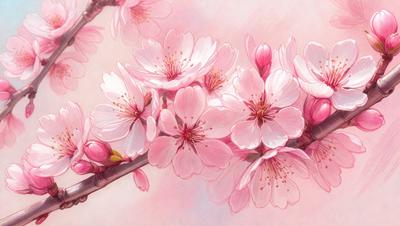 The primary subject of the image is a branch with pink flowers on it. The setting is a pink background, which adds to the overall mood of the scene. The visual style is a painting, which gives the image a more artistic and detailed appearance. The colors and mood of the image are predominantly pink, creating a warm and inviting atmosphere.