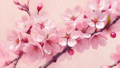 The primary subject of the image is a branch with pink flowers on it. The setting is a pink background, which adds to the overall mood of the scene. The visual style is a painting, which showcases the artist's skill in capturing the beauty of the flowers and the branch. The colors and mood of the image are predominantly pink, creating a warm and inviting atmosphere.