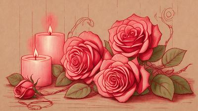 The primary subject of the image is a bouquet of red roses. The setting is a wooden table, and the visual style is a hand-drawn illustration. The dominant colors are red and pink, creating a warm and romantic atmosphere.