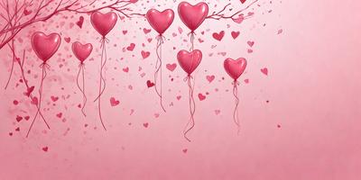 The primary subject of the image is a group of pink balloons with hearts on them. They are floating in the air and are the main focus of the scene. The setting is a pink background, which adds to the overall mood of the image. The visual style is a combination of digital art and illustration, creating a whimsical and playful atmosphere. The colors and mood are predominantly pink, which is associated with love and affection.