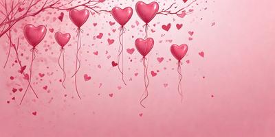 The primary subject of the image is a group of pink hearts floating in the air. The hearts are arranged in a row, and they are all connected by strings. The setting is a pink background, which adds to the overall mood of the scene. The visual style of the image is a combination of digital art and illustration, creating a whimsical and playful atmosphere.