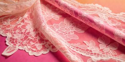 The primary subject of the image is a piece of pink lace with white flowers on it. The setting is a table, and the visual style is a close-up of the lace. The dominant colors are pink and white, creating a delicate and elegant atmosphere.