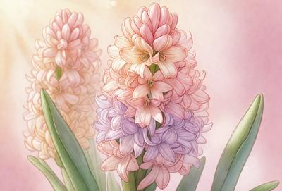 The primary subject of the image is a bouquet of flowers, with a focus on the purple and pink tulips. The setting is a pink background, which adds a warm and inviting atmosphere to the scene. The visual style is a combination of digital art and illustration, creating a vibrant and detailed representation of the flowers. The colors and mood of the image are predominantly pink and purple, evoking a sense of beauty and elegance.