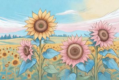 The primary subject of the image is a field of sunflowers. There are six sunflowers in total, with some of them being pink and others being yellow. The setting is a field with a blue sky in the background. The visual style of the image is a combination of digital art and illustration, creating a vibrant and colorful scene. The dominant colors in the image are yellow, pink, and blue, giving the scene a warm and cheerful atmosphere.