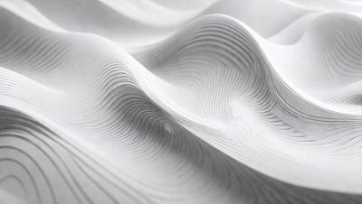 The primary subject of the image is a white, curved, and wavy surface that resembles a mountain or a wave. The setting is a white background, which creates a clean and minimalist visual style. The image is a digital art or illustration, showcasing the artist's creativity and skill in designing the unique and intricate pattern. The colors and mood of the image are predominantly white, giving it a calm and serene atmosphere.