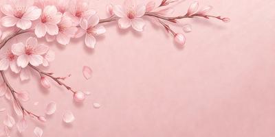 The primary subject of the image is a pink background with a branch of pink flowers. The setting is a pink wall, and the visual style is a digital art or illustration. The dominant colors are pink, and the overall atmosphere is soft and delicate.