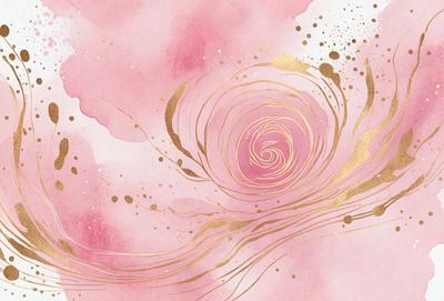The primary subject of the image is a pink and gold spiral design. The setting is a pink background, and the visual style appears to be a combination of digital art and illustration. The dominant colors are pink and gold, creating a warm and elegant atmosphere.