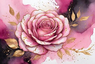 The primary subject of the image is a pink rose with gold accents. The rose is the focal point of the scene, and it is set against a purple background. The visual style of the image is a combination of digital art and illustration, creating a vibrant and artistic representation of the rose. The dominant colors in the image are pink and gold, giving the scene a warm and inviting atmosphere.