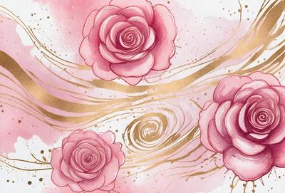 The primary subject of the image is a group of three pink roses. They are placed in a pink and gold watercolor background, which adds a sense of elegance and sophistication to the scene. The visual style of the image is a watercolor painting, which gives it a unique and artistic appearance. The colors and mood of the image are predominantly pink and gold, creating a warm and inviting atmosphere.