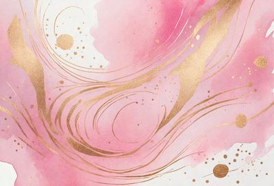 The primary subject of the image is a pink and gold swirl pattern. The setting is a pink background, and the visual style appears to be a combination of digital art and illustration. The dominant colors are pink and gold, creating a warm and vibrant atmosphere.