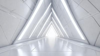 The primary subject of the image is a long, narrow hallway with a white color scheme. The setting is a white room, and the visual style is a digital art or illustration. The hallway is illuminated by a series of lights, creating a bright and clean atmosphere.