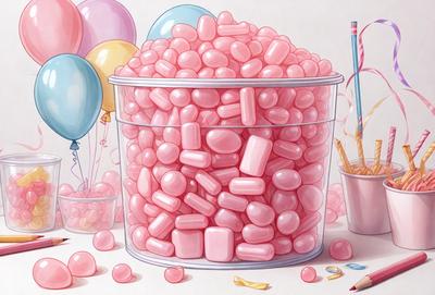 The primary subject of the image is a large container filled with pink and white candy. The container is placed on a table, and the candy is scattered around it. The setting appears to be a celebration, as there are balloons and a pencil in the scene. The visual style is a combination of digital art and illustration, creating a vibrant and colorful atmosphere. The dominant colors are pink and white, which contribute to the cheerful and festive mood of the image.