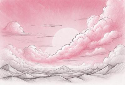 The primary subject of the image is a beautifully drawn mountain range with clouds surrounding it. The setting is a pink sky, which adds a unique and artistic touch to the scene. The visual style is a combination of digital art and illustration, creating a captivating and detailed landscape. The colors and mood of the image are predominantly pink, giving it a warm and serene atmosphere.