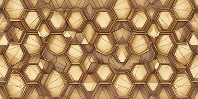 The primary subject of the image is a wooden wall with a pattern of hexagonal shapes. The setting is a room with a wooden floor, and the visual style is a combination of a photo and digital art. The dominant colors are brown and gold, creating a warm and natural atmosphere.