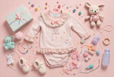 The primary subject of the image is a baby's outfit, which includes a pink shirt and pink pants. The outfit is adorned with a bow on the front. The setting is a pink background, which adds a warm and cozy atmosphere to the scene. The visual style is a combination of photo and illustration, creating a realistic yet artistic representation of the baby's outfit. The colors and mood are predominantly pink, which is often associated with warmth, love