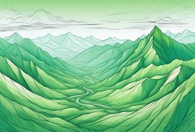 The primary subject of the image is a large mountain with a winding river flowing through it. The mountain is covered in lush greenery, giving it a serene and natural appearance. The setting is a mountainous landscape with a valley below, and the visual style is a combination of digital art and illustration. The colors and mood of the image are predominantly green, with a sense of tranquility and beauty.