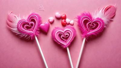 The primary subject of the image is a pair of pink heart-shaped lollipops with white hearts on them. The setting is a pink background, which adds to the overall mood of the scene. The visual style of the image is a close-up of the lollipops, showcasing their unique design. The colors and mood of the image are predominantly pink, creating a warm and inviting atmosphere.