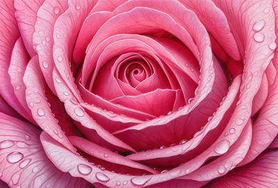 The primary subject of the image is a pink rose with drops of water on it. The rose is the main focus of the image, and it is displayed against a backdrop of water droplets. The visual style of the image is a close-up of the rose, which highlights its details and texture. The colors in the image are predominantly pink, which gives the image a warm and romantic atmosphere.