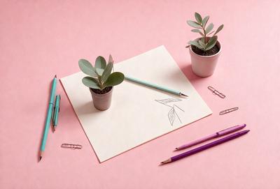 The primary subject of the image is a pencil drawing of a leaf on a piece of paper. The drawing is placed on a pink surface, which adds a warm and inviting atmosphere to the scene. The setting includes a potted plant and a pair of scissors, both of which are placed near the drawing. The visual style of the image is a combination of drawing and digital art, creating a unique and artistic representation of the leaf.