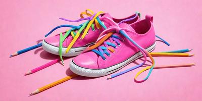 The primary subject of the image is a pair of pink shoes with rainbow-colored laces. The shoes are placed on a pink surface, which adds to the overall colorful and vibrant atmosphere of the scene. The visual style of the image is a close-up of the shoes, showcasing the details of the laces and the shoe's design. The colors and mood of the image are predominantly pink and cheerful, creating a fun and lively vibe.