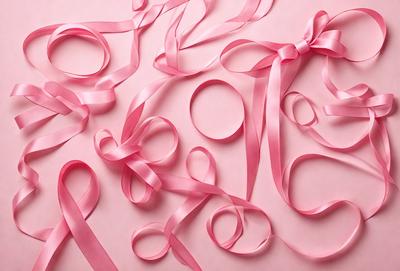 The primary subject of the image is a pink ribbon. The ribbon is wound around a pink surface, creating a visually appealing and cohesive design. The setting appears to be a pink background, which complements the pink ribbon. The visual style of the image is a close-up of the ribbon, emphasizing its texture and pattern. The colors and mood of the image are predominantly pink, creating a warm and inviting atmosphere.